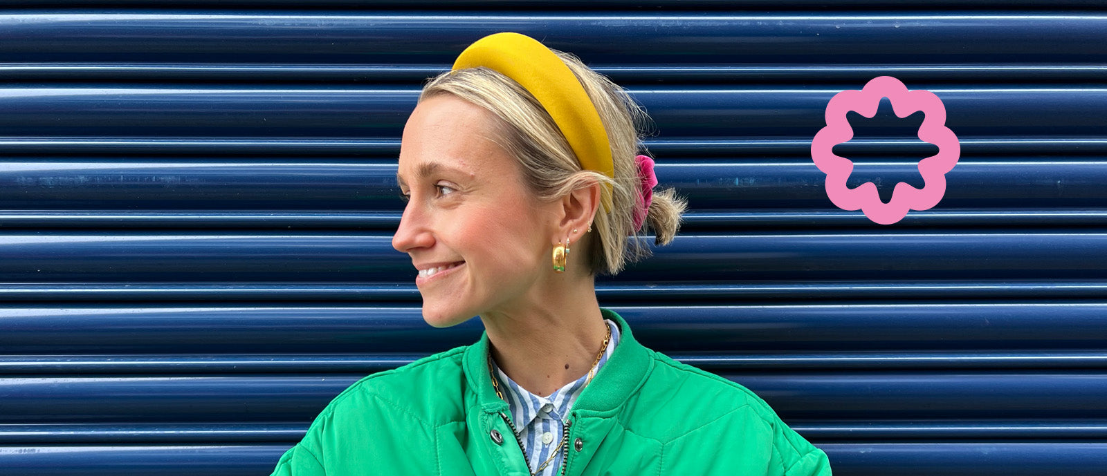 good manners style yellow headband on woman looking to the left and smiling